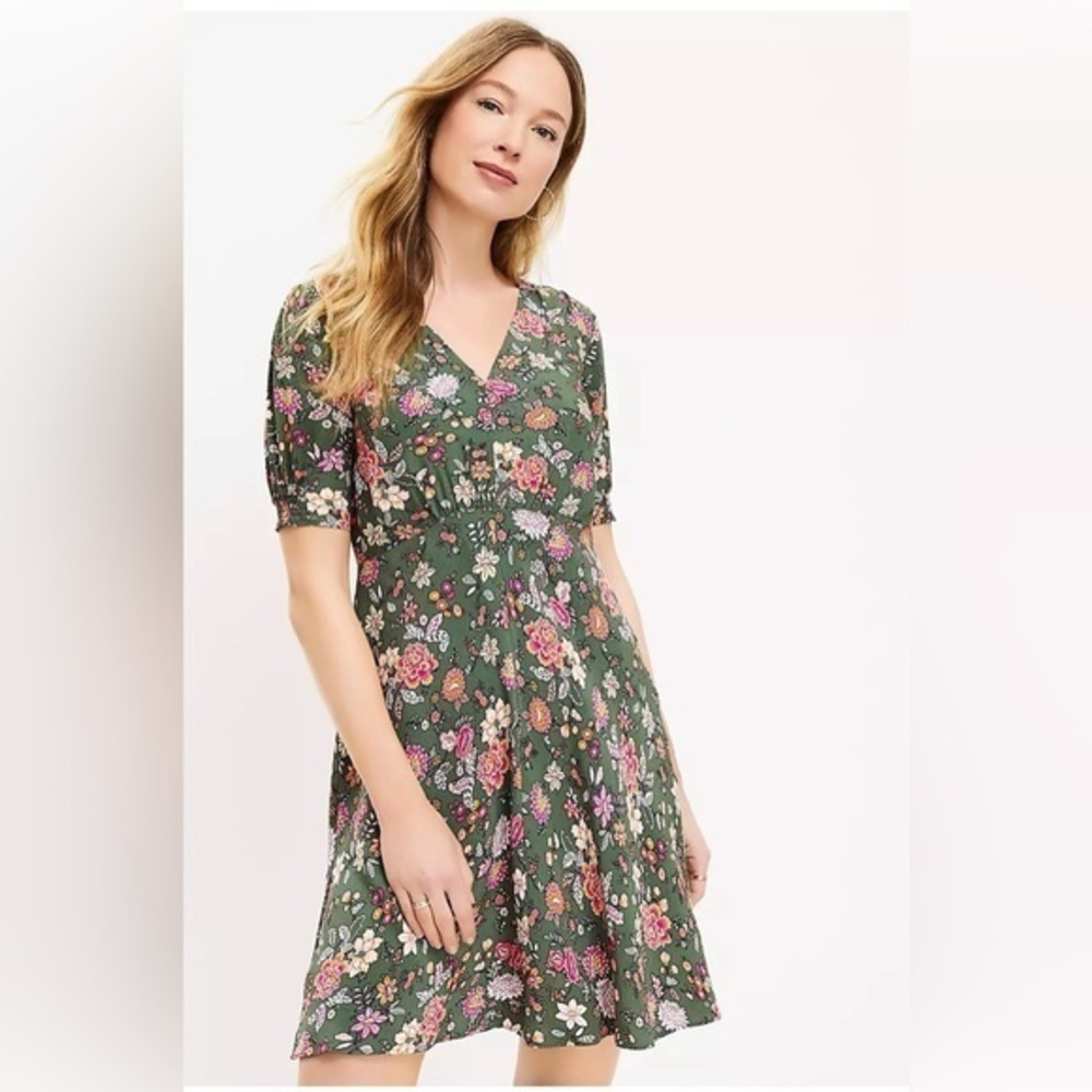 LOFT Women's Olive Green Country Garden Floral Autumn Mini Dress NWT 0 #1308